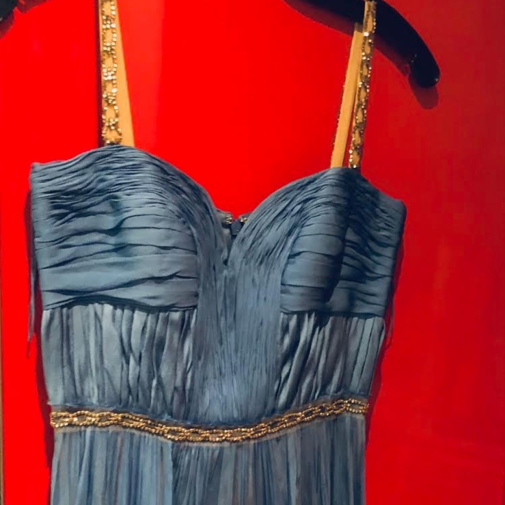 COPY - J. Mendel Beaded Strap Blue Pleated Silk Gown